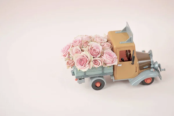 Roses Back Toy Truck Free Space Place Text Concept Holiday — Stock Photo, Image