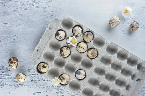 Box with quail eggs. The concept of spring mood and Easter holiday. Light background. View from above.