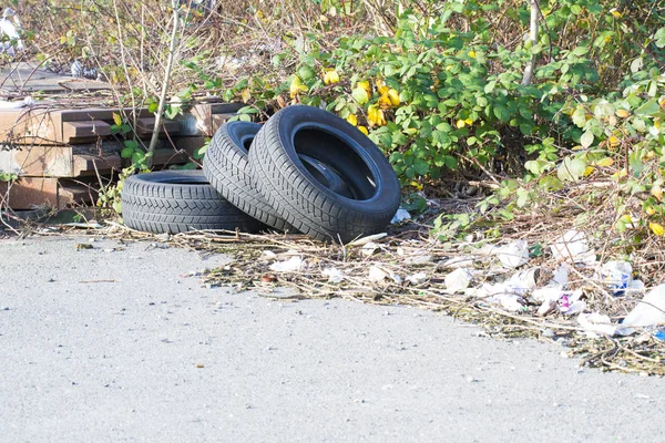 Verbotene Entsorgung Von Autoreifen Straßenrand Stockbild