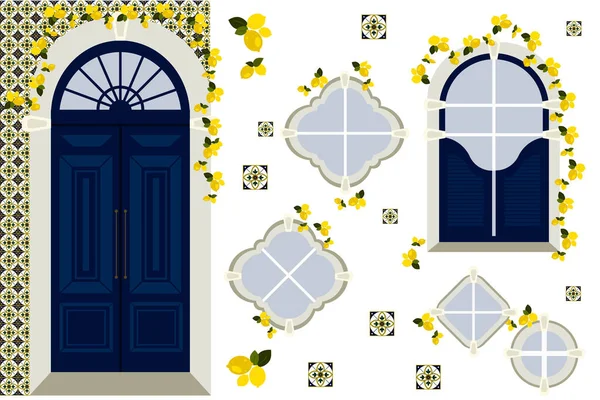 伝統的なポルトガルタイル レモン 深い青と黄色の色で古典的なドアと窓のデザイン要素のセット — ストックベクタ