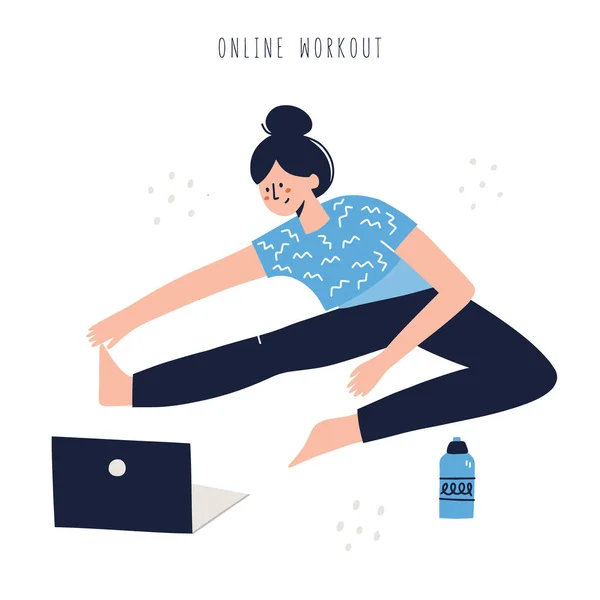 Žena Cvičí Doma Učí Laptopu Koncept Online Cvičení Ručně Kreslené — Stockový vektor