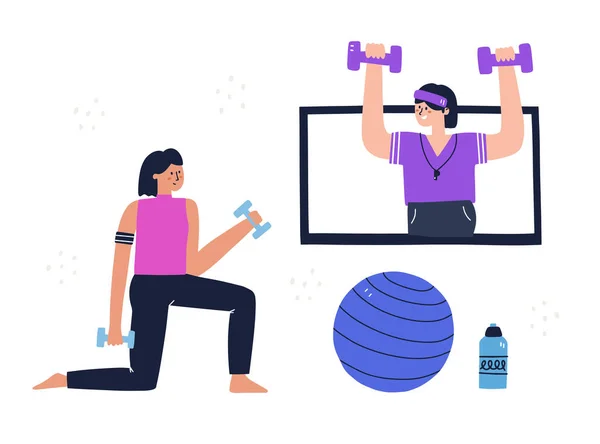 在家里训练的女人在她的电视上有一个教练在线 虚拟锻炼的概念 并为添加 社交媒体 Ui设计绘制了矢量插图 — 图库矢量图片