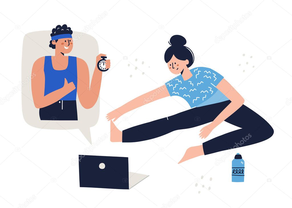 Woman training at home with a coach online on her laptop. Virtual workout concept. HAnd drawn vector illustration for add, banner, social media.