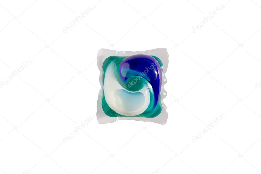 Washing gel capsule pod with laundry detergent white clipping background