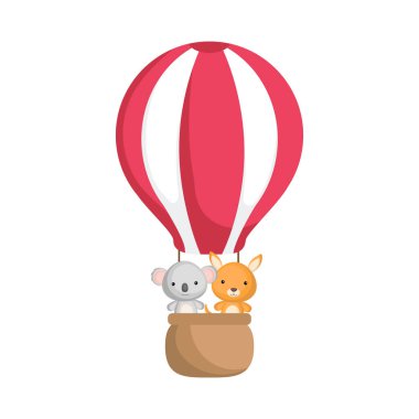 Tatlı bebek koala ve sıcak hava balonunda kangaro. Çocuk kitabı, albüm, albüm, hatıra defteri, kartpostal, davetiye, cep telefonu oyunu için grafiksel öge. Düz vektör stok illüstrasyonu beyaz arkaplanda izole edildi.