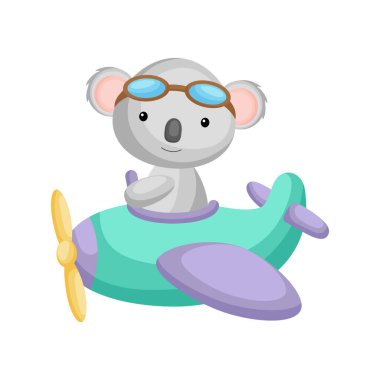 Uçak uçuran havacı gözlükleri takan sevimli bir koala pilotu. Çocuk kitabı, albüm, albüm, hatıra defteri, kartpostal, mobil oyun için grafiksel öge. Düz vektör stok illüstrasyonu beyaz arkaplanda izole edildi.