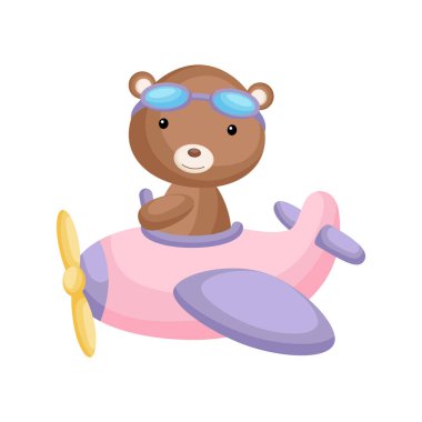 Uçak uçuran havacı gözlükleri takan sevimli ayı pilotu. Çocuk kitabı, albüm, albüm, hatıra defteri, kartpostal, mobil oyun için grafiksel öge. Düz vektör stok illüstrasyonu beyaz arkaplanda izole edildi.