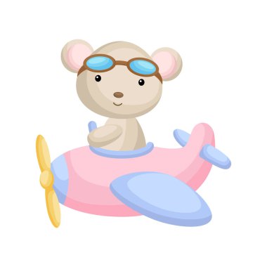 Uçak uçuran havacı gözlüğü takan sevimli bir fare pilotu. Çocuk kitabı, albüm, albüm, hatıra defteri, kartpostal, mobil oyun için grafiksel öge. Düz vektör stok illüstrasyonu beyaz arkaplanda izole edildi.