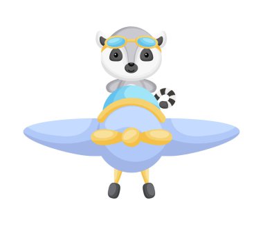 Uçak uçuran havacı gözlükleri takan sevimli lemur pilotu. Çocuk kitabı, albüm, albüm, hatıra defteri, kartpostal, mobil oyun için grafiksel öge. Düz vektör stok illüstrasyonu beyaz arkaplanda izole edildi.