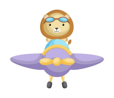 Uçak uçuran havacı gözlükleri takan sevimli aslan pilotu. Çocuk kitabı, albüm, albüm, hatıra defteri, kartpostal, mobil oyun için grafiksel öge. Düz vektör stok illüstrasyonu beyaz arkaplanda izole edildi.