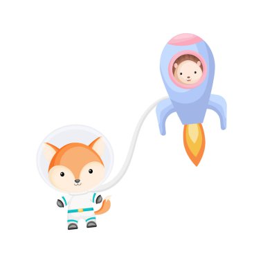 Şirin kirpiler ve uzay boşluğunda uçan tilki astronotlar. Çocuk kitabı, albümü, kartpostalı, davetiyesi için grafiksel öğe. Düz vektör stok illüstrasyonu beyaz arkaplanda izole edildi.