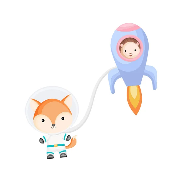 Cute Hedgehog Fox Astronauts Flying Rocket Open Space Graphic Element — Stock Vector