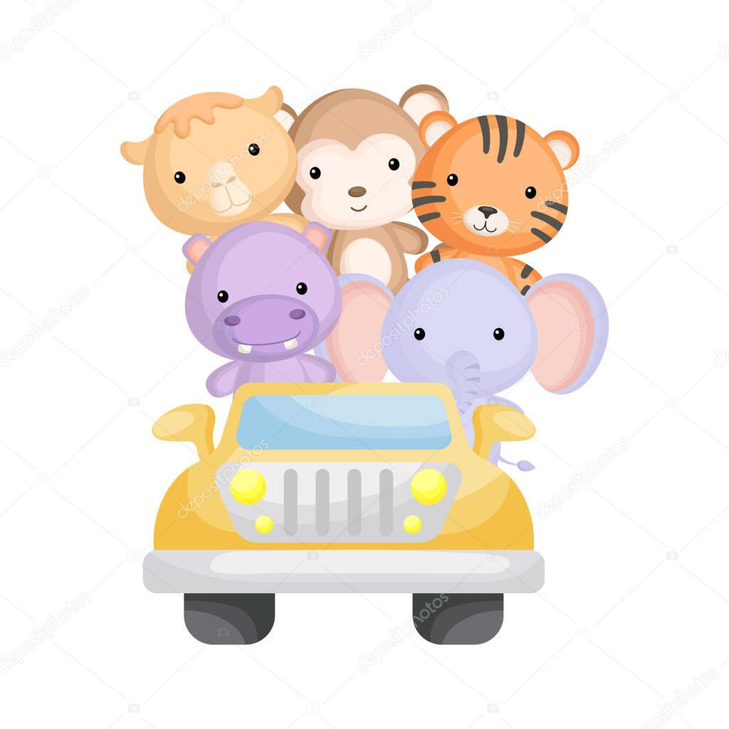 Cute camel, hippo, monkey, tiger and elephant travel in car. Graphic element for childrens book, album, postcard or mobile game. Zoo theme. Flat vector illustration isolated on white background.