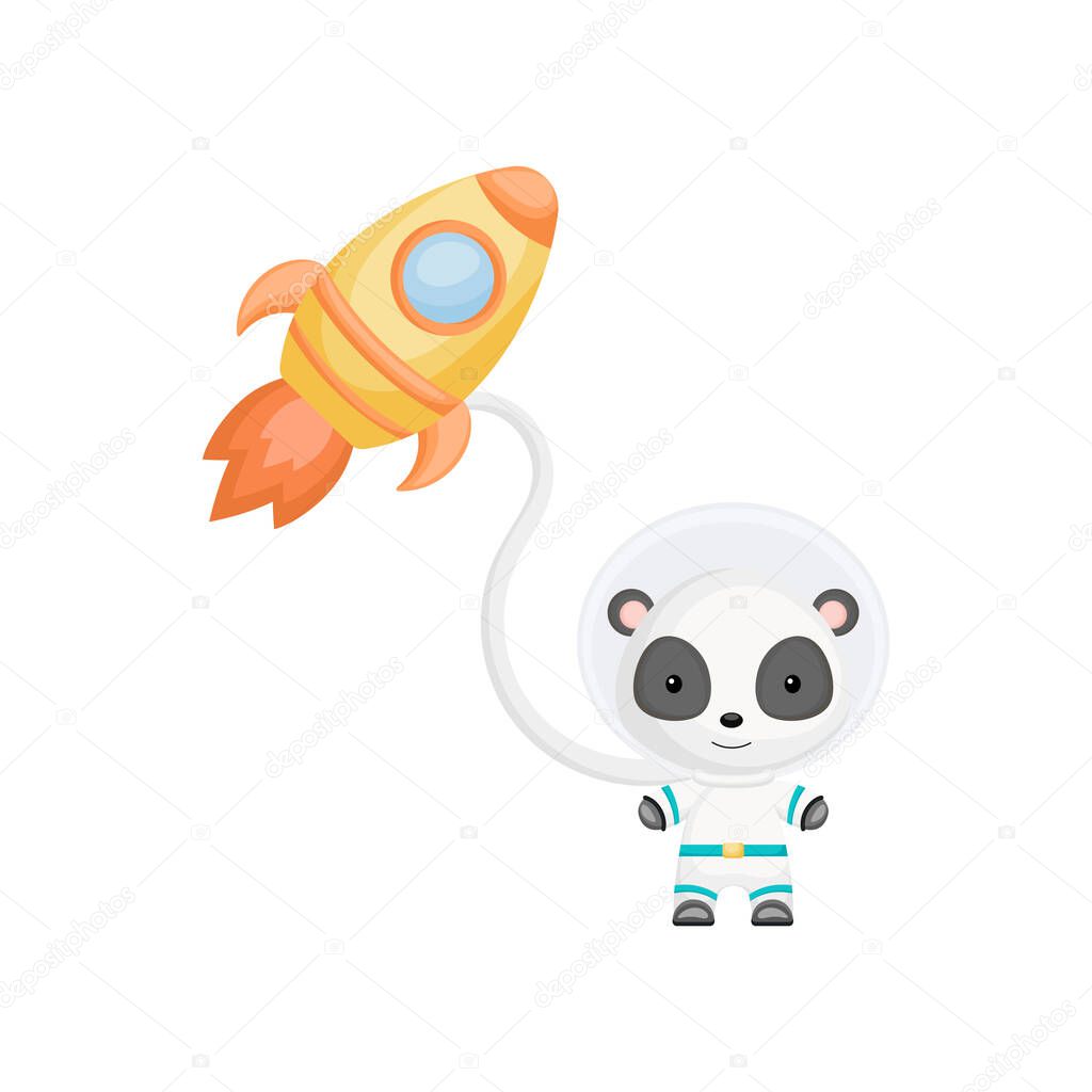 Cute little panda astronaut flying in open space. Graphic element for childrens book, album, scrapbook, postcard, invitation. Flat vector stock illustration isolated on white background.