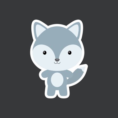 Sevimli komik bebek kurt çıkartması. Albüm, albüm, albüm, kart, poster ve davetiye tasarımı için Woodland tapılası hayvan karakteri. Düz çizgi film renkli vektör çizimi.