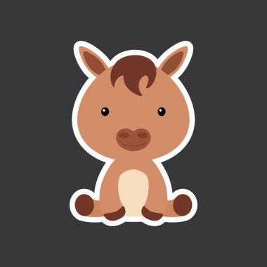 Şirin bir bebek atın oturması etiketi. Albüm, albüm, albüm, kart, poster ve davetiye tasarımı için sevimli bir yerli hayvan karakteri. Düz çizgi film renkli vektör çizimi.