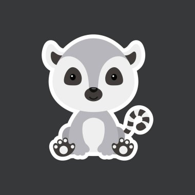 Tatlı bebek lemur çıkartması oturuyor. Albüm, albüm, albüm, kart, poster ve davetiye tasarımı için sevimli bir hayvan karakteri. Düz çizgi film renkli vektör çizimi.