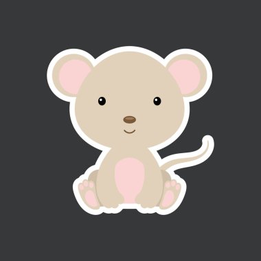 Şirin bebek fare oturması etiketi. Albüm, albüm, albüm, kart, poster ve davetiye tasarımı için sevimli bir hayvan karakteri. Düz çizgi film renkli vektör çizimi.