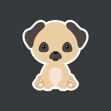 Sevimli yavru köpek oturması etiketi. Albüm, albüm, albüm, kart, poster ve davetiye tasarımı için sevimli bir yerli hayvan karakteri. Düz çizgi film renkli vektör çizimi.