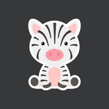 Bebek zebraların oturduğu çıkartma. Albüm, albüm, albüm, kart, poster ve davetiye tasarımı için harika bir safari karakteri. Düz çizgi film renkli vektör çizimi.