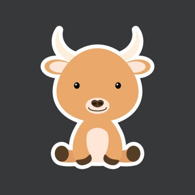 Şirin bebek öküz oturması etiketi. Albüm, albüm, albüm, kart, poster ve davetiye tasarımı için sevimli bir yerli hayvan karakteri. Düz çizgi film renkli vektör çizimi.