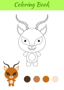 Boyama sayfası mutlu küçük bebek ceylan. Çocuklar için boyama kitabı. Anaokulu yılları için eğitici aktiviteler çocuklar ve şirin hayvanlı bebekler. Düz çizgi film renkli vektör çizimi.