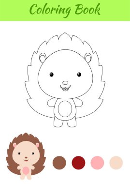 Boyama sayfası mutlu küçük kirpi bebek. Çocuklar için boyama kitabı. Anaokulu yılları için eğitici aktiviteler çocuklar ve şirin hayvanlı bebekler. Düz çizgi film renkli vektör çizimi.