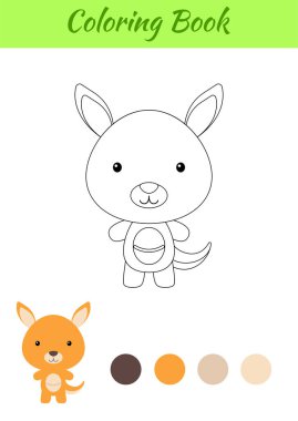 Boyama sayfası mutlu küçük bebek kanguru. Çocuklar için boyama kitabı. Anaokulu yılları için eğitici aktiviteler çocuklar ve şirin hayvanlı bebekler. Düz çizgi film renkli vektör çizimi.