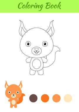 Boyama sayfası mutlu küçük yavru sincap. Çocuklar için boyama kitabı. Anaokulu yılları için eğitici aktiviteler çocuklar ve şirin hayvanlı bebekler. Düz çizgi film renkli vektör çizimi.