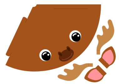 Yazdırılabilir kapak geyiği. Doğum günü, parti, Noel, bebek partisi için koni şablonu. Eğlence için eğlenceli bir aksesuar. Kart kapağı inşaatı. Yazdır ve kes. Vektör illüstrasyonu.