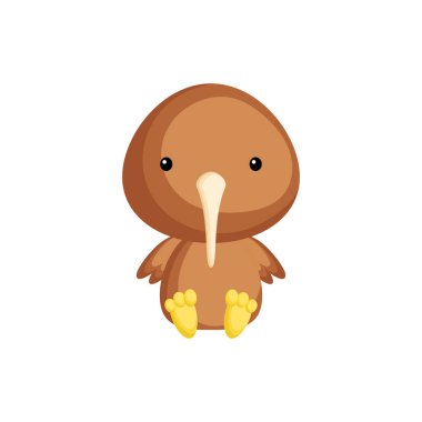 Beyaz arka planda izole edilmiş şirin bir bebek kivi. Albüm tasarımı, albüm albümü, kart, bebek partisi davetiyesi, parti için tapılası bir hayvan karakteri. Düz çizgi film renkli vektör çizimi.