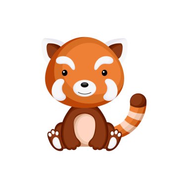 Beyaz arka planda izole edilmiş şirin bebek kırmızı panda. Albüm tasarımı, albüm albümü, kart, bebek partisi davetiyesi, parti için tapılası bir hayvan karakteri. Düz çizgi film renkli vektör çizimi.