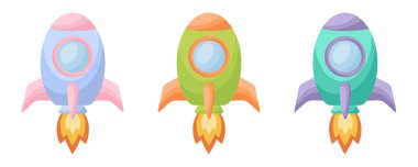 Beyaz arka planda izole edilmiş şirin çizgi film bebek roketleri koleksiyonu. Çocukların odalarının tasarımları için farklı renklerde roketler. Tekstil albüm davetiyesi. Düz vektör illüstrasyonu.