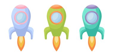 Beyaz arka planda izole edilmiş şirin çizgi film bebek roketleri koleksiyonu. Çocukların odalarının tasarımları için farklı renklerde roketler. Tekstil albüm davetiyesi. Düz vektör illüstrasyonu.