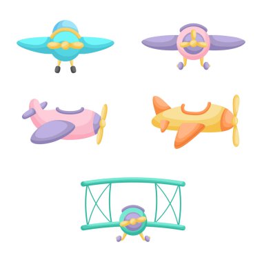 Beyaz arka planda izole edilmiş şirin çizgi film bebek uçakları koleksiyonu. Çocukların odalarının, tekstil ürünlerinin ve albüm davetiyelerinin tasarımı için farklı model uçak setleri. Düz vektör illüstrasyonu.