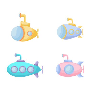 Beyaz arka planda izole edilmiş şirin çizgi film bebek denizaltıları koleksiyonu. Çocukların odalarındaki albüm davetiyelerinin tasarımı için farklı denizaltı modelleri. Düz vektör illüstrasyonu.