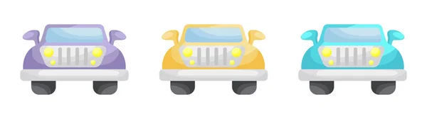 白い背景に隔離されたかわいい漫画の赤ちゃんの車のコレクション キッズルームの服のテキスタイルアルバムカード招待状のデザインのためのさまざまな色の車のセット 平面ベクトル図 — ストックベクタ