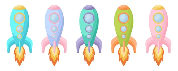 Collection Cute Cartoon Baby Rockets Isolated White Background Набор Ракет — стоковый вектор