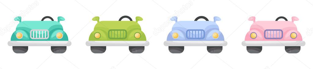 Collection of cute cartoon baby's cars isolated on white background. Set of cars of different colors for design of kid's rooms clothing textiles album card invitation. Flat vector illustration.