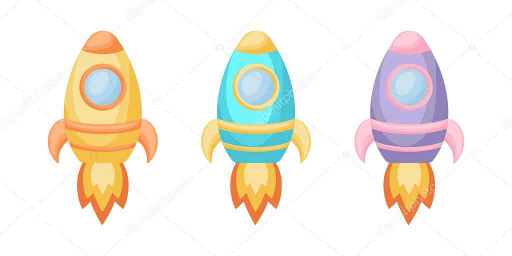 Collection of cute cartoon baby's rockets isolated on white background. Set of rockets of different colors for design of kid's rooms clothing textiles album card invitation. Flat vector illustration.