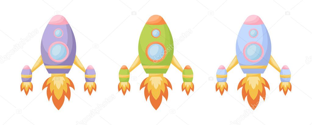 Collection of cute cartoon baby's rockets isolated on white background. Set of rockets of different colors for design of kid's rooms clothing textiles album card invitation. Flat vector illustration.