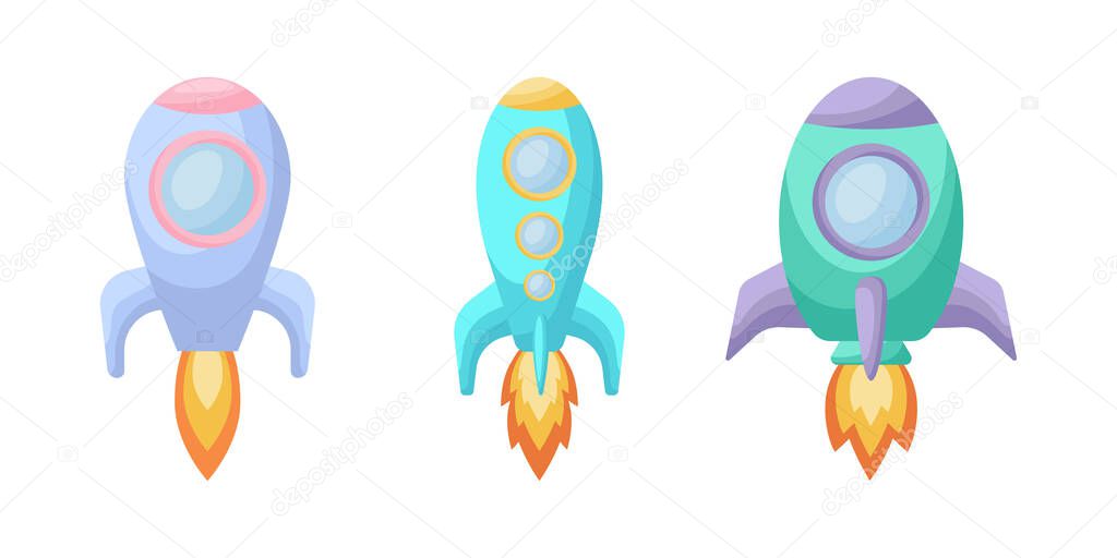 Collection of cute cartoon baby's rockets isolated on white background. Set of different models of rockets for design of kid's rooms clothing textiles album card invitation. Flat vector illustration.