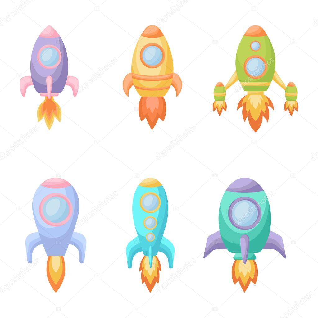 Collection of cute cartoon baby's rockets. Set of different models of rockets for design of kid's rooms clothing textiles album card invitation. Flat vector illustration  isolated on white background.