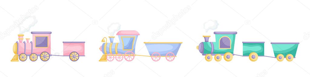 Collection of cute cartoon baby's trains isolated on white background. Set of different models of trains for design of kid's rooms clothing textiles album card invitation. Flat vector illustration.