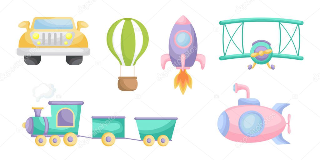 Collection of cute cartoon transport for boys isolated on white background. Set of transportation theme for design of kid's rooms clothing textiles album card invitation. Flat vector illustration.