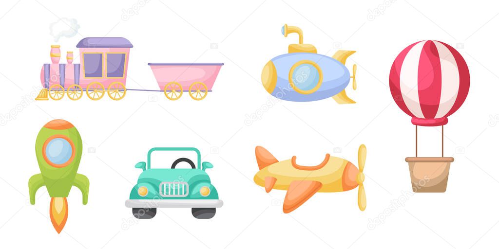 Collection of cute cartoon transport for boys isolated on white background. Set of transportation theme for design of kid's rooms clothing textiles album card invitation. Flat vector illustration.