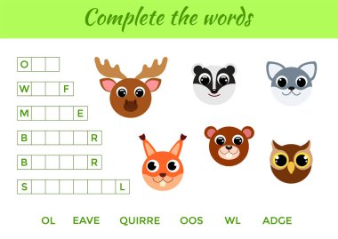 Şirin hayvanları olan çocuklar için eğitici bir oyun. Eksik harfleri ve eksiksiz kelimeleri yaz. İngilizce eğitimi için eğitici aktivite sayfası. İzole vektör illüstrasyonu. 