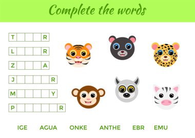 Şirin hayvanları olan çocuklar için eğitici bir oyun. Eksik harfleri ve eksiksiz kelimeleri yaz. İngilizce eğitimi için eğitici aktivite sayfası. İzole vektör illüstrasyonu. 