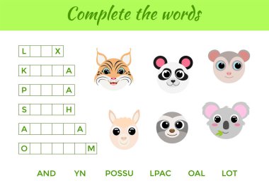 Şirin hayvanları olan çocuklar için eğitici bir oyun. Eksik harfleri ve eksiksiz kelimeleri yaz. İngilizce eğitimi için eğitici aktivite sayfası. İzole vektör illüstrasyonu. 