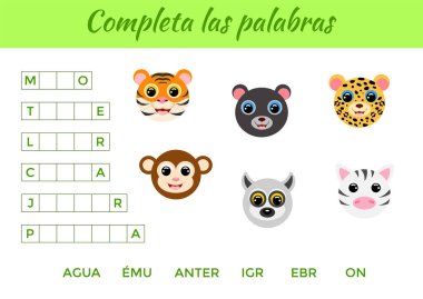 Tamamlanmış Las Palabras - Kelimeleri tamamla, kayıp harfleri yaz. Şirin hayvanları olan çocuklar için eğitici bir oyun. İspanyolca eğitimi için eğitici aktivite sayfası. İzole vektör illüstrasyonu.